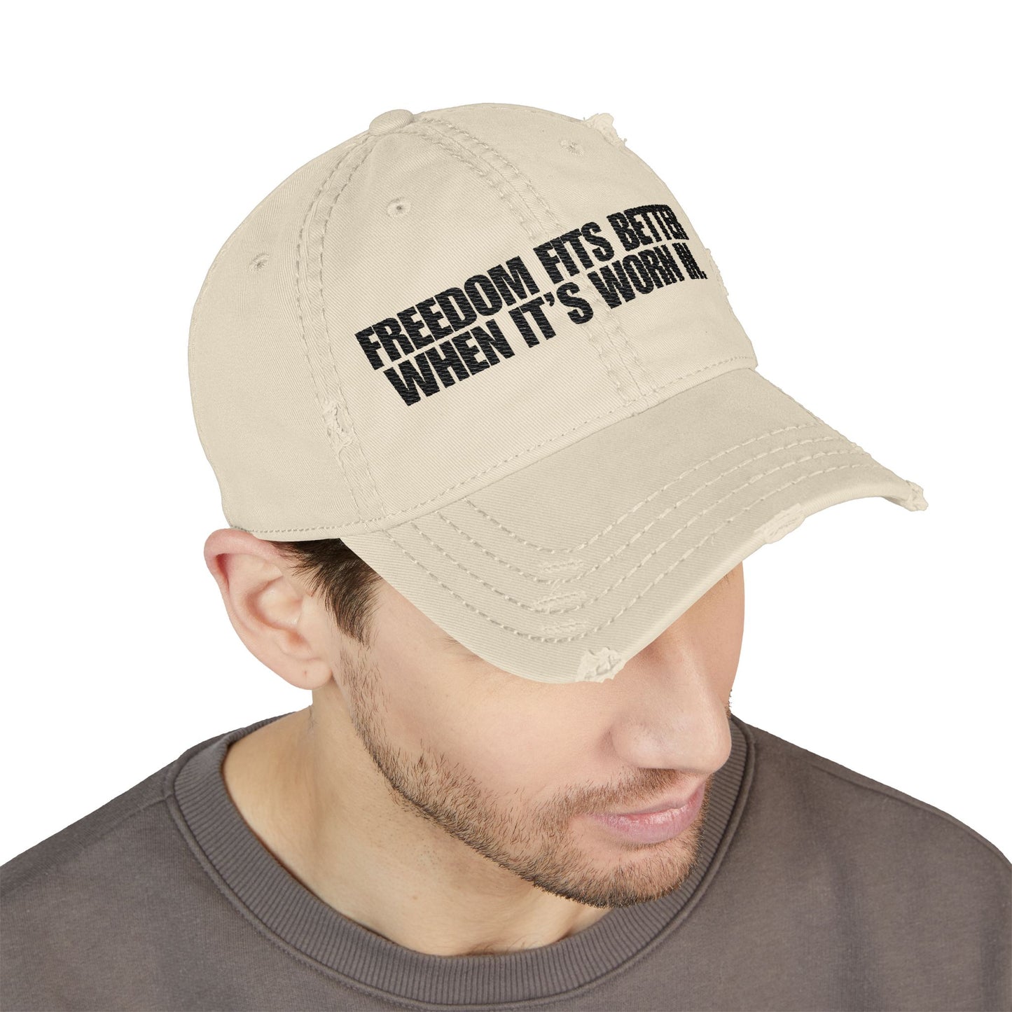 Freedom Fits Better When It’s Worn In Distressed Hat -- Black Text
