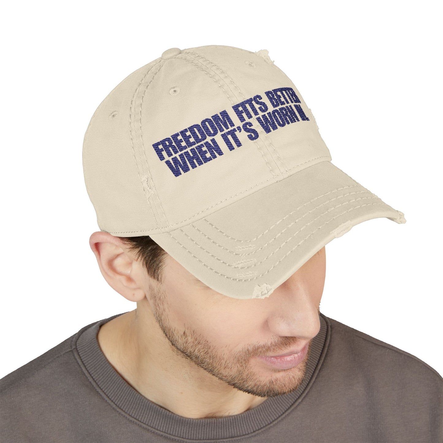 Freedom Fits Better When It’s Worn In Distressed Hat -- Blue Text