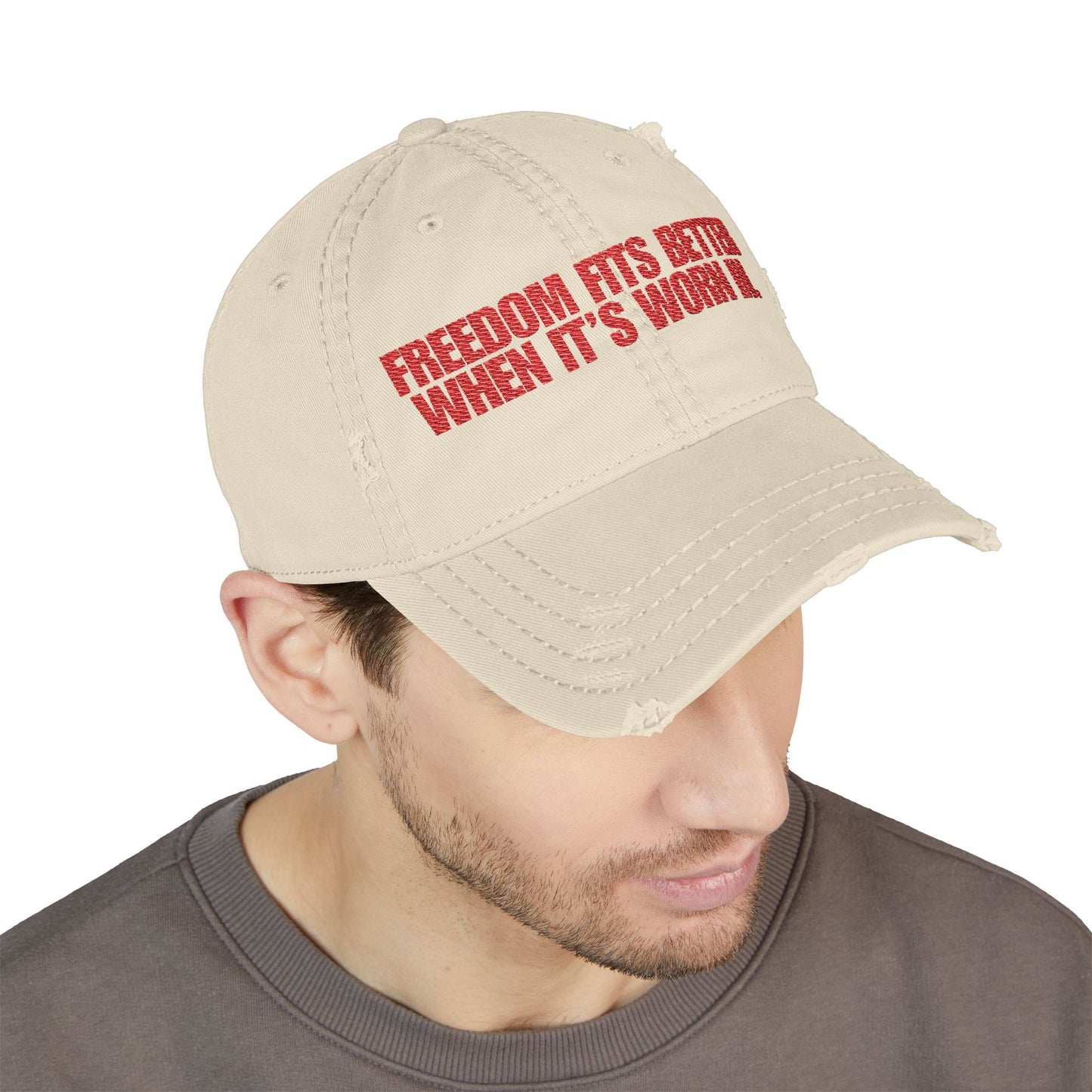 Freedom Fits Better When It’s Worn In Distressed Hat -- Red Text